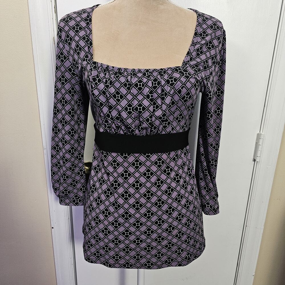 VTG Y2K Empire Waist Babydoll Top Size S Geometric Print Whimsygoth Fairy Grunge